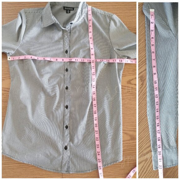 George Button Down Shirt Medium Black White Gingham Top Classic Preppy Lagenlook - Picture 7 of 14